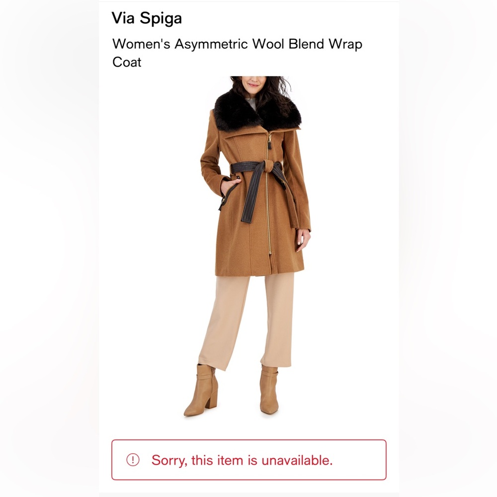 Via Spiga Black Faux Fur Collar 3/4 Belted Wool Coat in Tan -NWOT